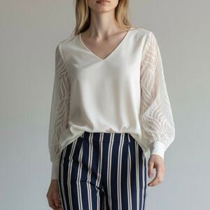 SHEIN S Cream Sheer Puff Sleeve Elegant Blouse Boho Colonial Preppy Parisian Chi